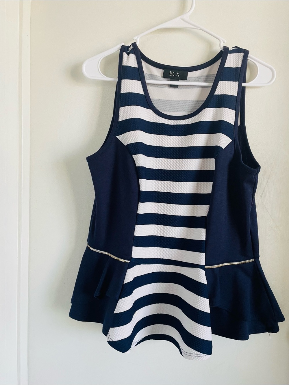 BCX Navy & White Striped Peplum Tank
